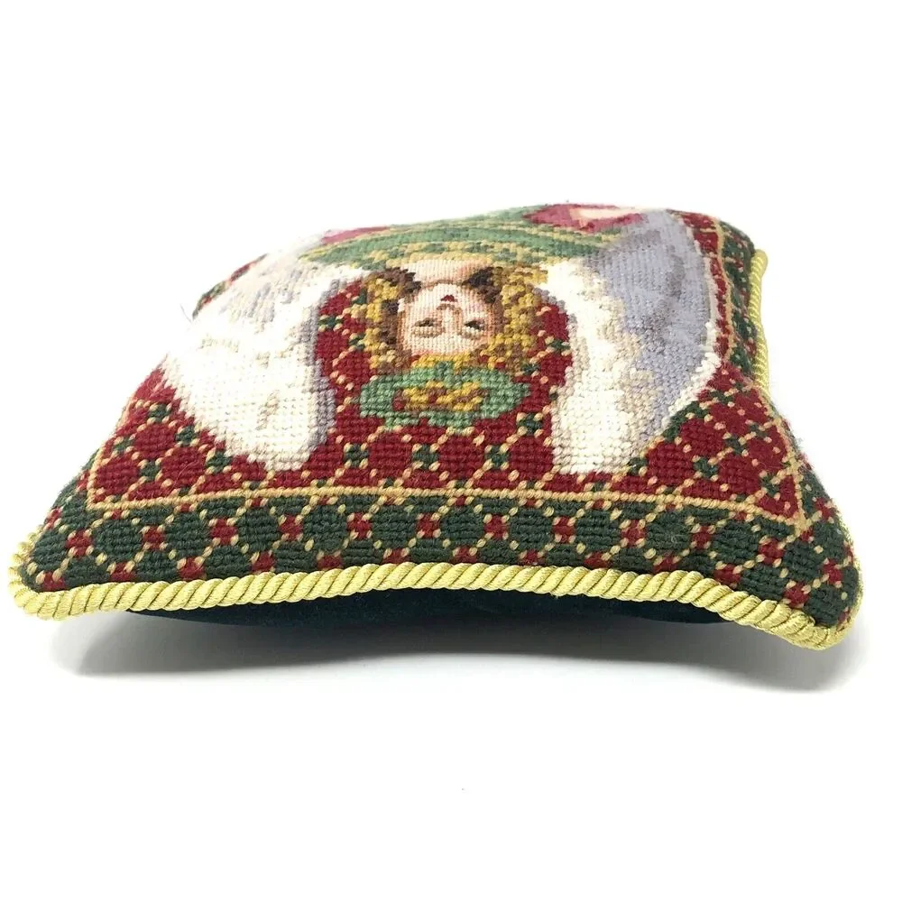 Vintage Victorian Angel Handmade Wool Needlepoint Pillow 9” Green Velvet Back